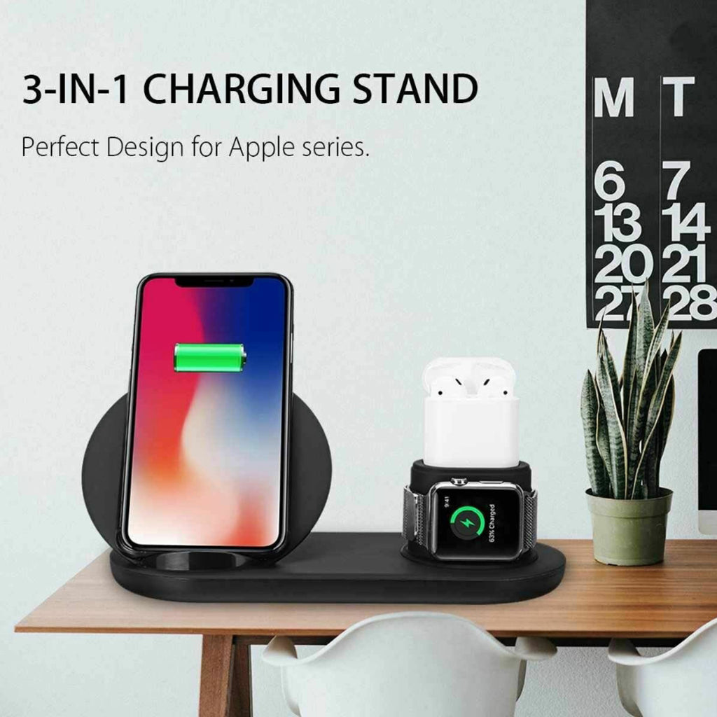 3 in1 10W Wireless Fast Charging Dock Cradle for iPhone / Apple Watch Black