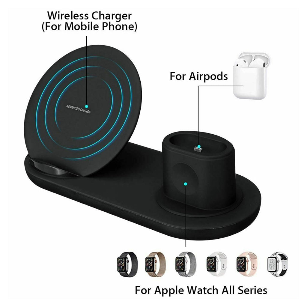 3 in1 10W Wireless Fast Charging Dock Cradle for iPhone / Apple Watch Black