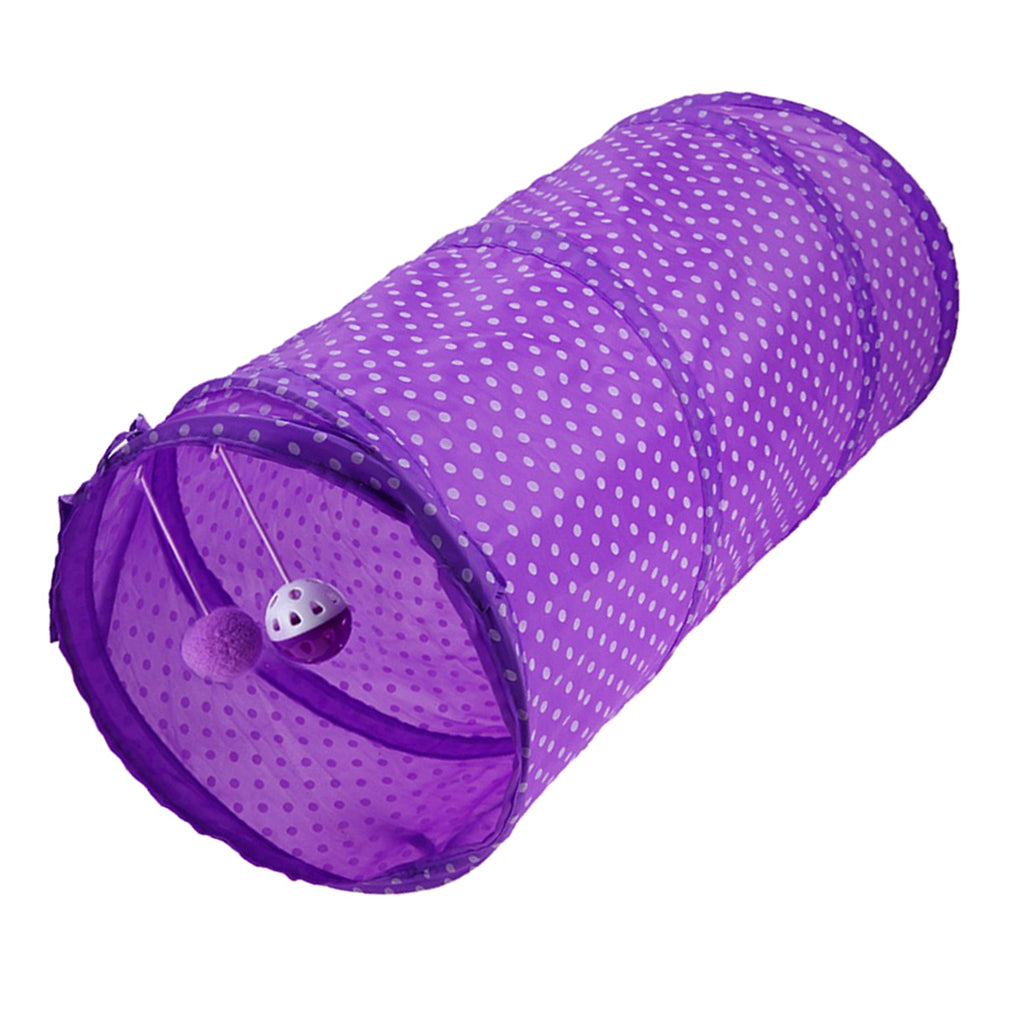 Collapsible Pop Up Cat Tunnel Two Way Play Tent Toy with Bell Purple 25x50cm