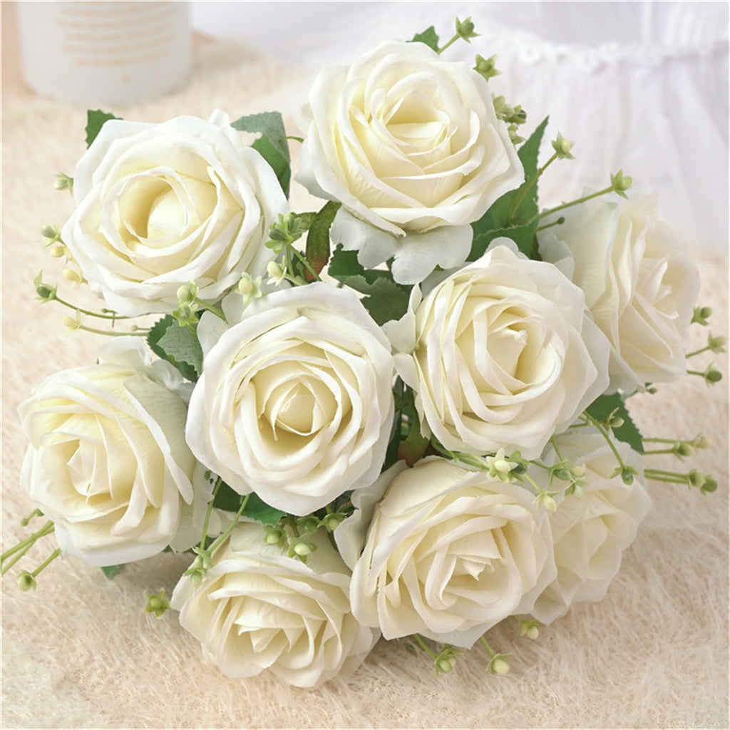 Cloth Fake Rose Flowers Bunch 9 Heads f/ Wedding Party Home Decor White