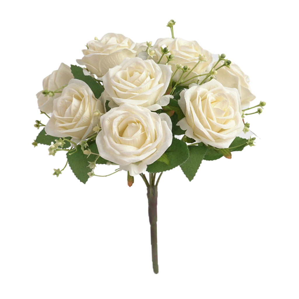 Cloth Fake Rose Flowers Bunch 9 Heads f/ Wedding Party Home Decor White