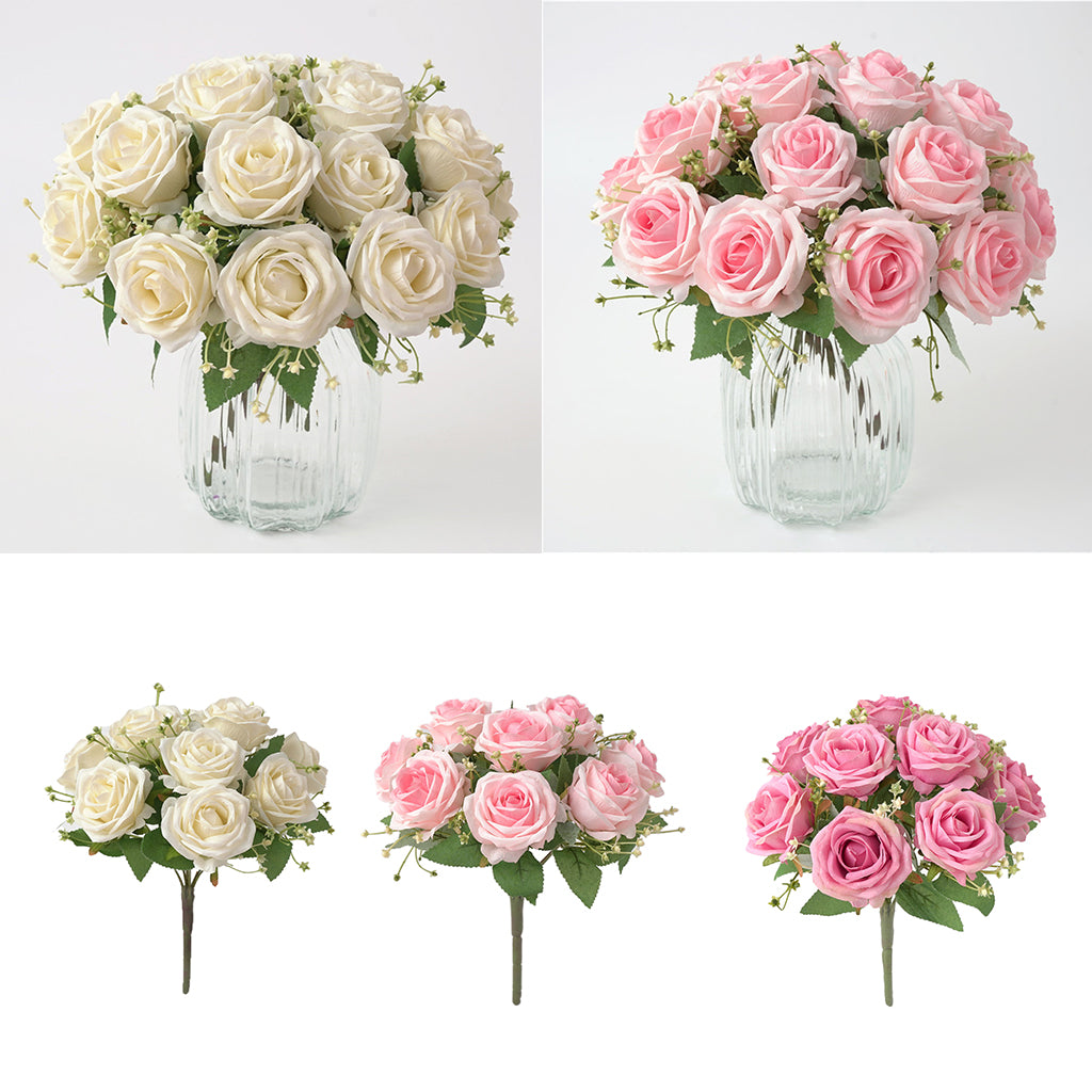 Cloth Fake Rose Flowers Bunch 9 Heads f/ Wedding Party Home Decor White