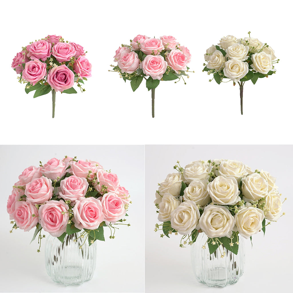 Cloth Fake Rose Flowers Bunch 9 Heads f/ Wedding Party Home Decor White