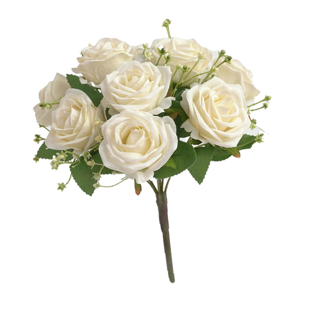 Cloth Fake Rose Flowers Bunch 9 Heads f/ Wedding Party Home Decor White