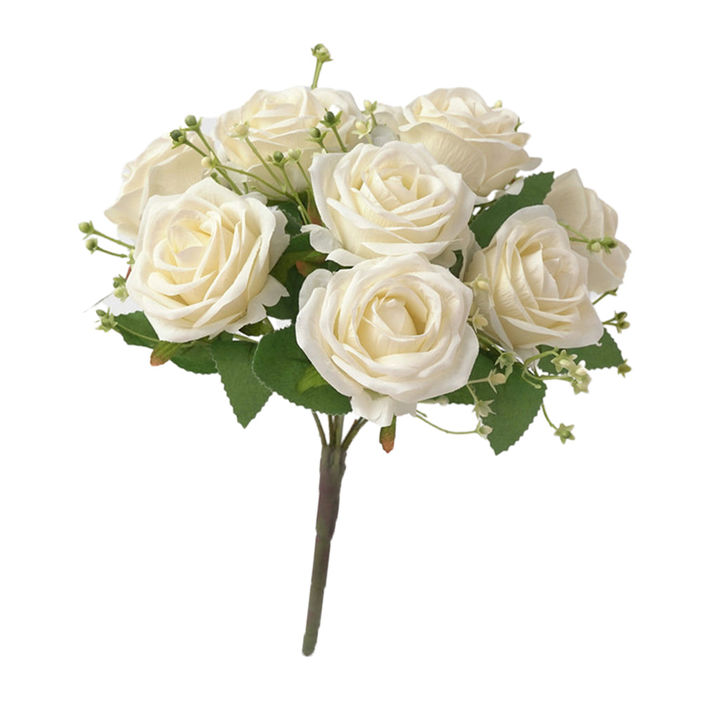 Cloth Fake Rose Flowers Bunch 9 Heads f/ Wedding Party Home Decor White