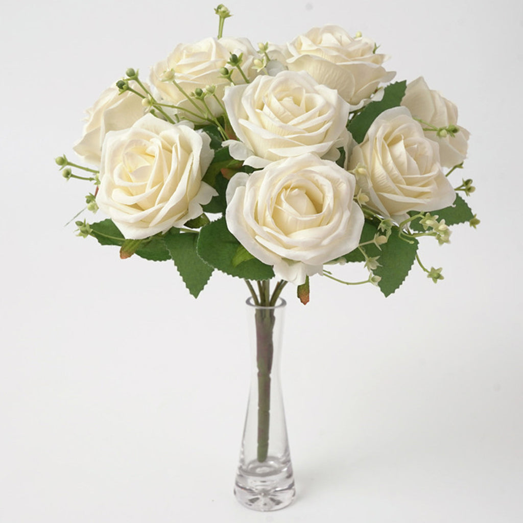 Cloth Fake Rose Flowers Bunch 9 Heads f/ Wedding Party Home Decor White