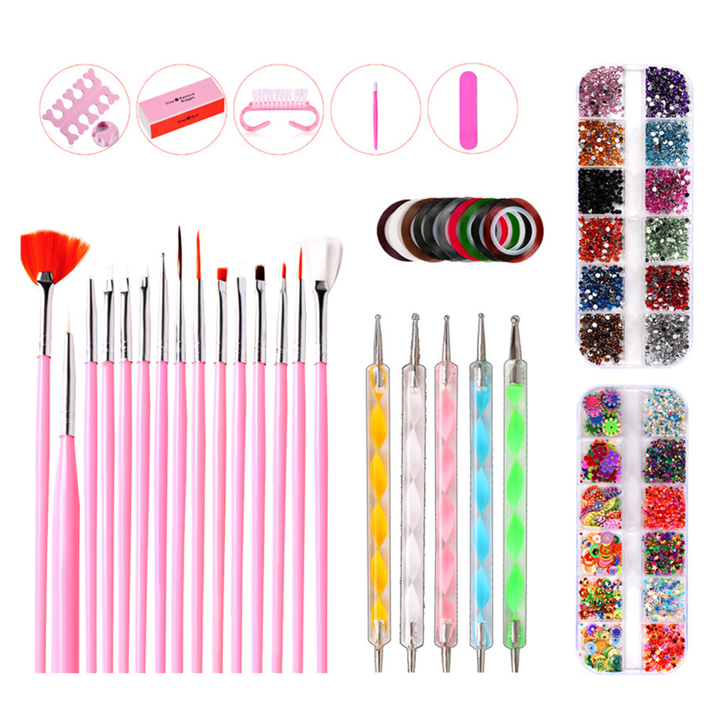 Nail Art Tool Kit Painting Brushes Dotting Pen Rhinestones Striping Tape Set