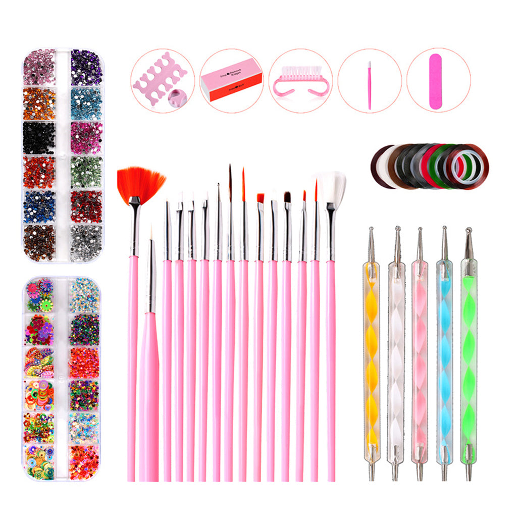 Nail Art Tool Kit Painting Brushes Dotting Pen Rhinestones Striping Tape Set