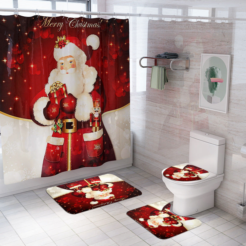 Christmas Decor Shower Curtain w/ Hooks for Bathroom Xmas Home Decoration D