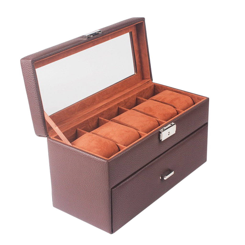 20 Slot 2-Tier Watch Box Jewelry Display Drawer Organizer with Lid Brown