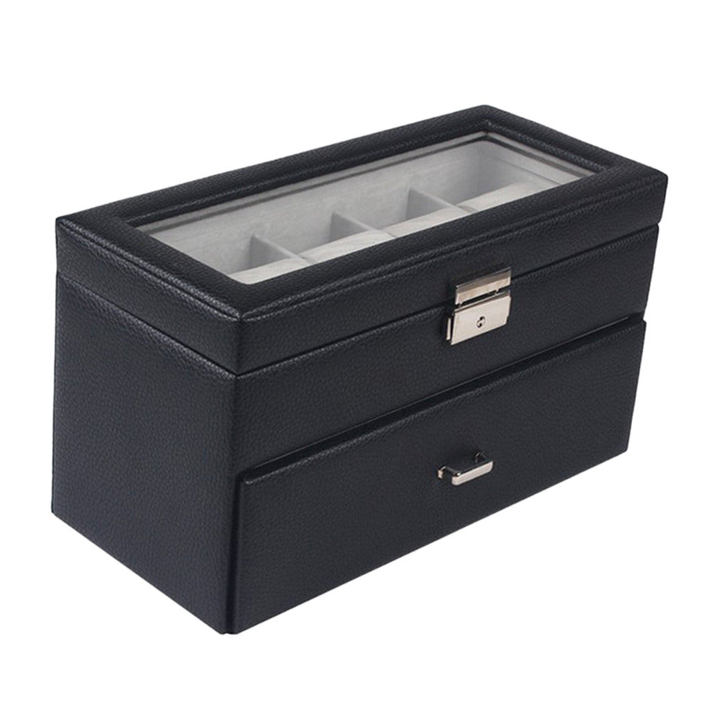 20 Slot 2-Tier Watch Box Jewelry Display Drawer Organizer with Lid Black