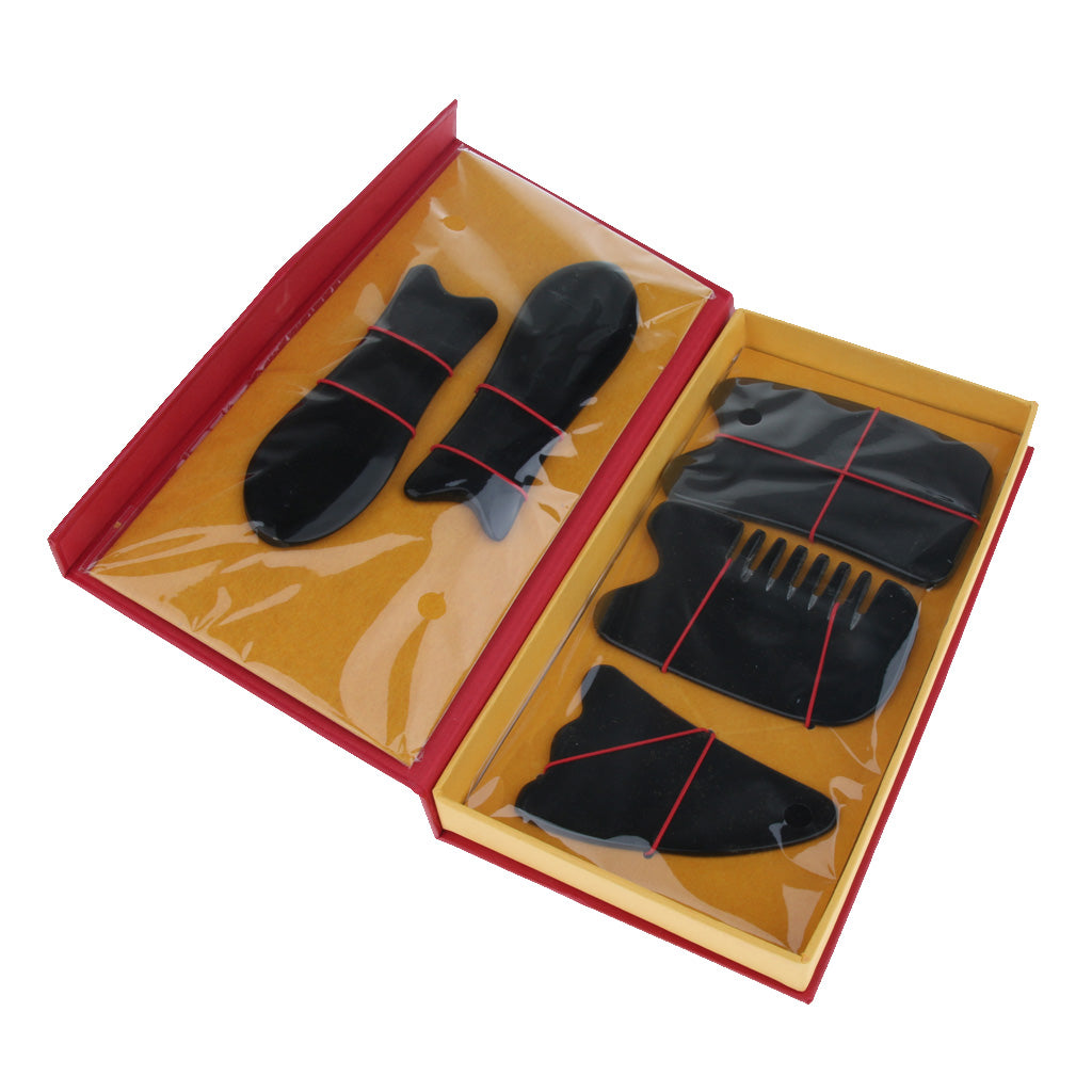 5pcs Natural Guasha Board Scraping Massage Gua Sha Scraper Tool Set Black