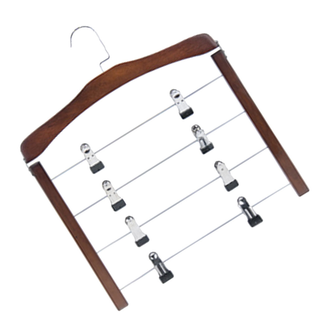 4 Tier Wooden Pants Hanger Closet Storage Organizer Dark Brown with 8 Clips