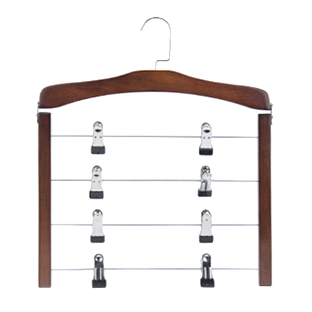 4 Tier Wooden Pants Hanger Closet Storage Organizer Dark Brown with 8 Clips