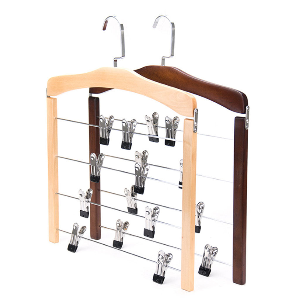 4 Tier Wooden Pants Hanger Closet Storage Organizer Dark Brown with 8 Clips