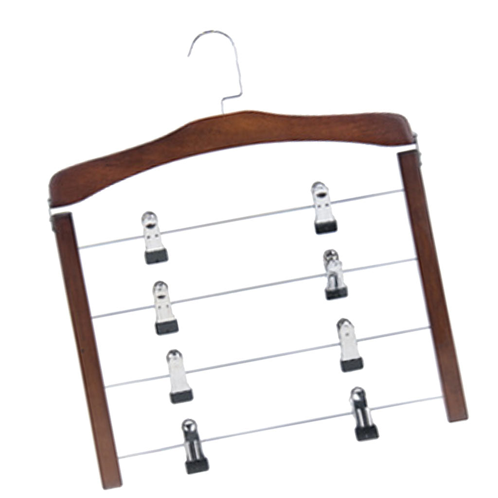 4 Tier Wooden Pants Hanger Closet Storage Organizer Dark Brown with 8 Clips