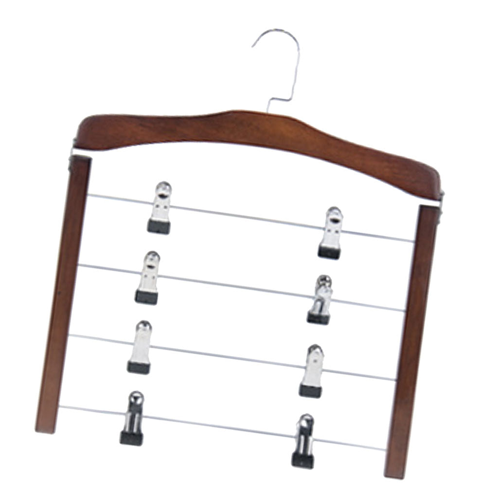 4 Tier Wooden Pants Hanger Closet Storage Organizer Dark Brown with 8 Clips