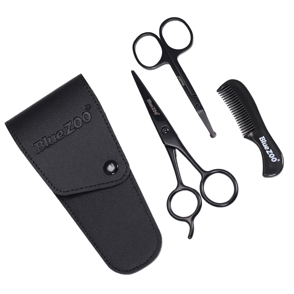 Nose Beard Mustache Scissors and Comb Set  for Men Women Care With Bag Black