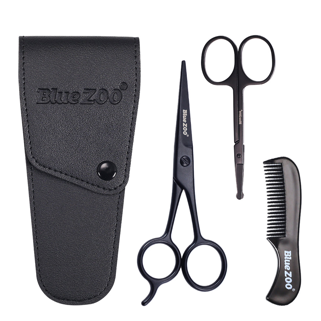 Nose Beard Mustache Scissors and Comb Set  for Men Women Care With Bag Black