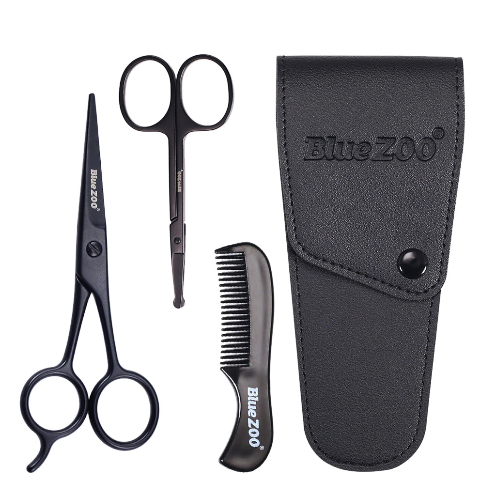 Nose Beard Mustache Scissors and Comb Set  for Men Women Care With Bag Black