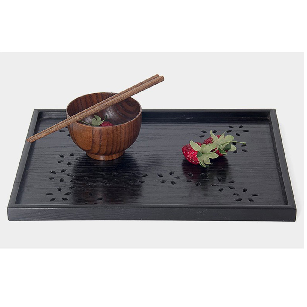 Hollow Cherry Wood Tray Wooden Plate Home Tea Cup Tea Tray 30X30X2cm Black