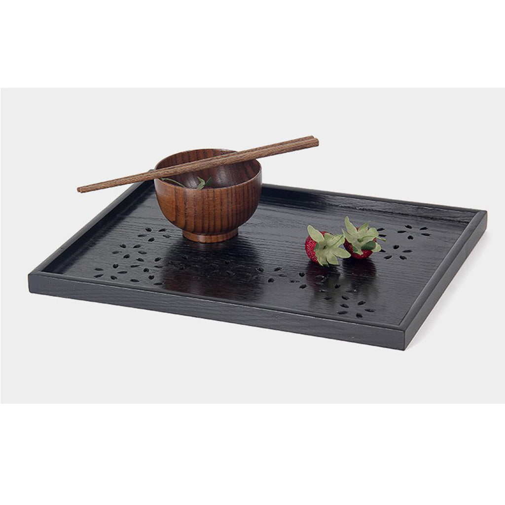 Hollow Cherry Wood Tray Wooden Plate Home Tea Cup Tea Tray 30X30X2cm Black