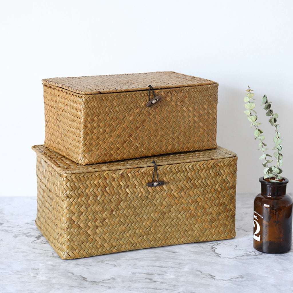 Seagrass Storage Baskets with Lid for Home and Bathroom Organization L