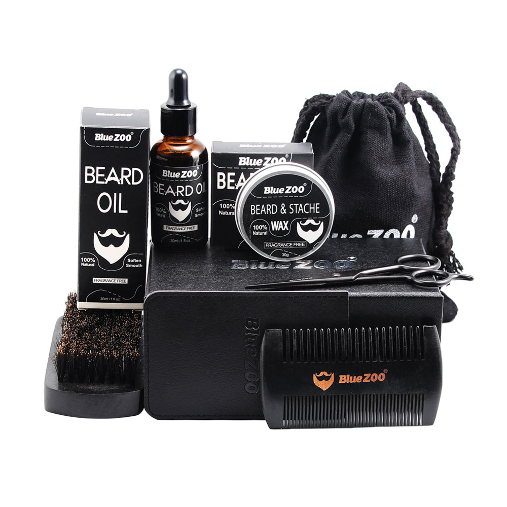 7 in 1 Men Grooming Kit Beard Balm Oil Wax Mustache Comb Brush Bag Scissors