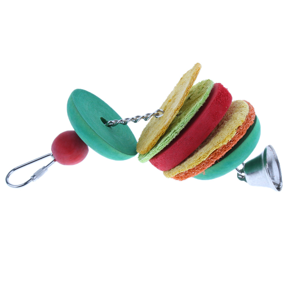 Hamburg Shape Pet Bird Toy with Bell Wooden Loofah Chewing Parrot Cage Toy