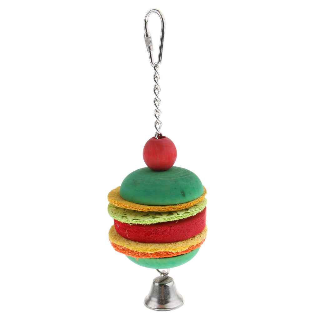 Hamburg Shape Pet Bird Toy with Bell Wooden Loofah Chewing Parrot Cage Toy