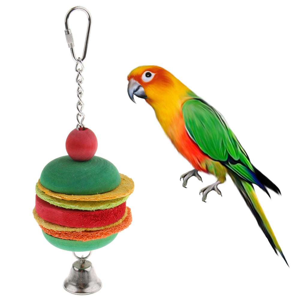 Hamburg Shape Pet Bird Toy with Bell Wooden Loofah Chewing Parrot Cage Toy