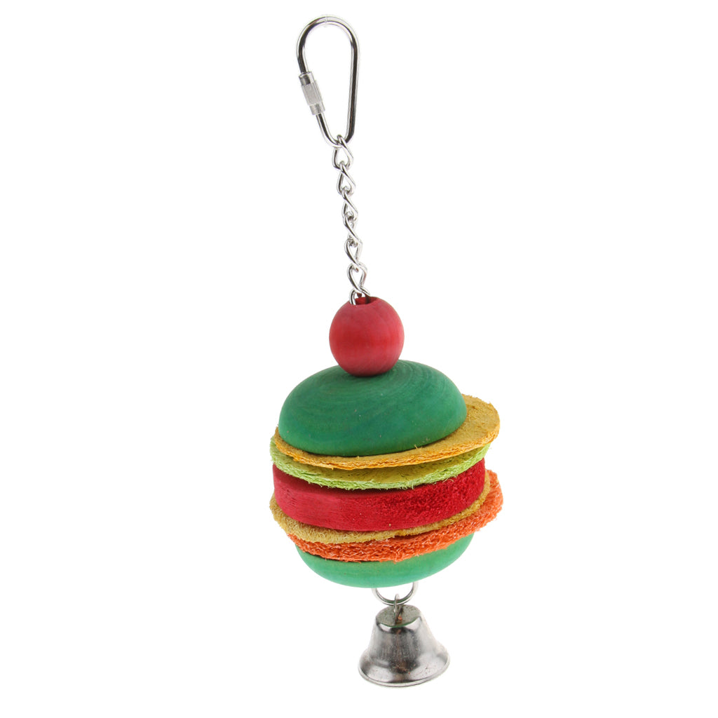 Hamburg Shape Pet Bird Toy with Bell Wooden Loofah Chewing Parrot Cage Toy