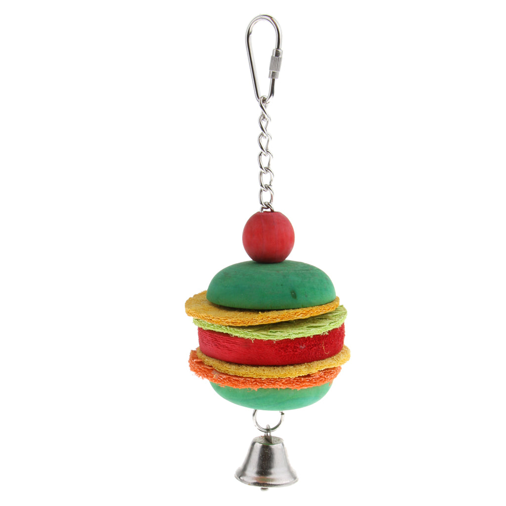 Hamburg Shape Pet Bird Toy with Bell Wooden Loofah Chewing Parrot Cage Toy