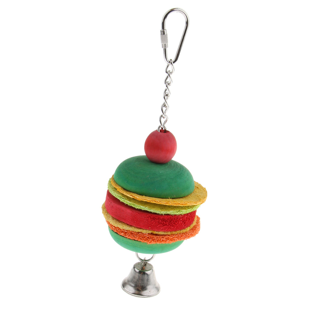 Hamburg Shape Pet Bird Toy with Bell Wooden Loofah Chewing Parrot Cage Toy