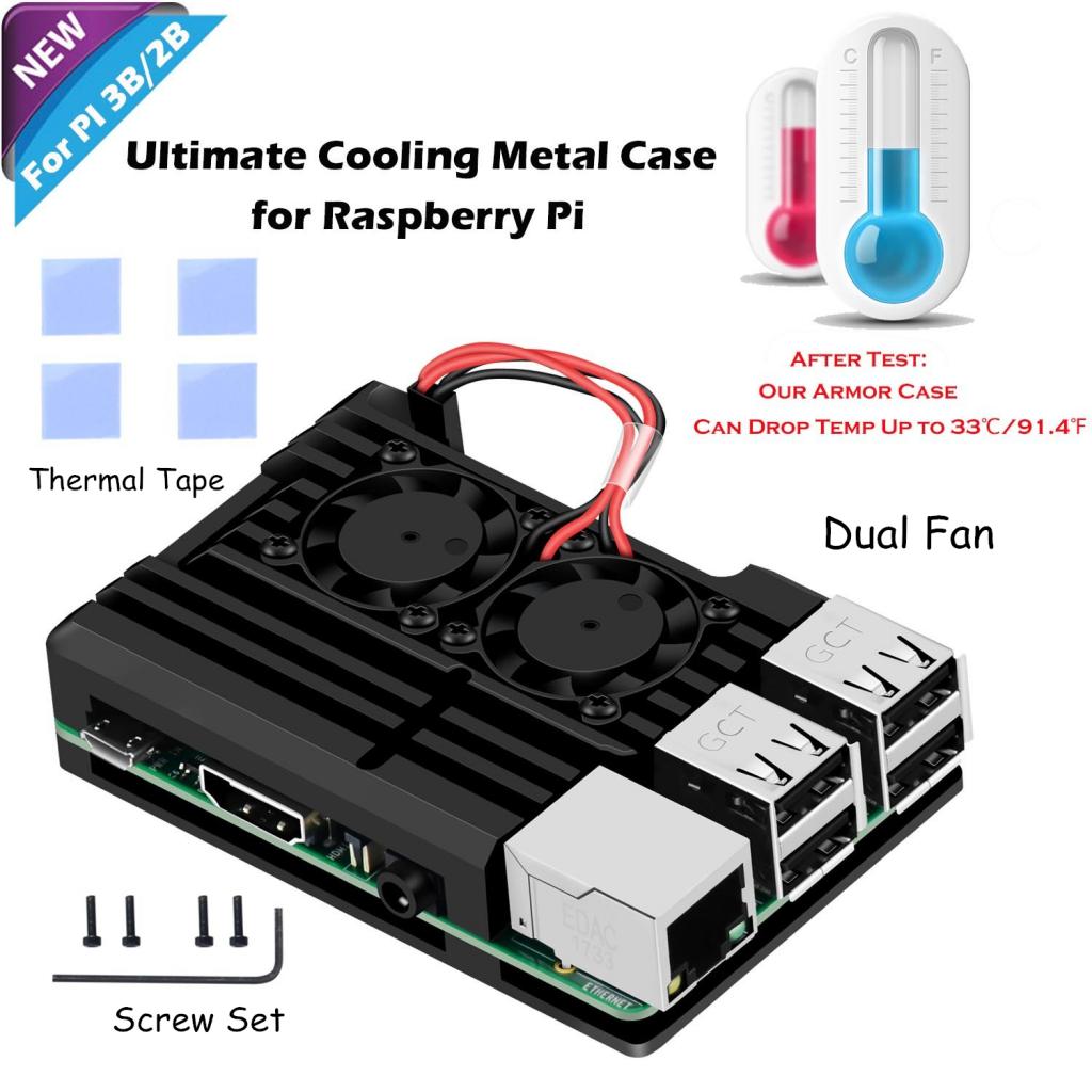 Dual Fan Cooler Fan Heatsink with Metal Case for Raspberry Pi 3B+/3B/2B+/2B