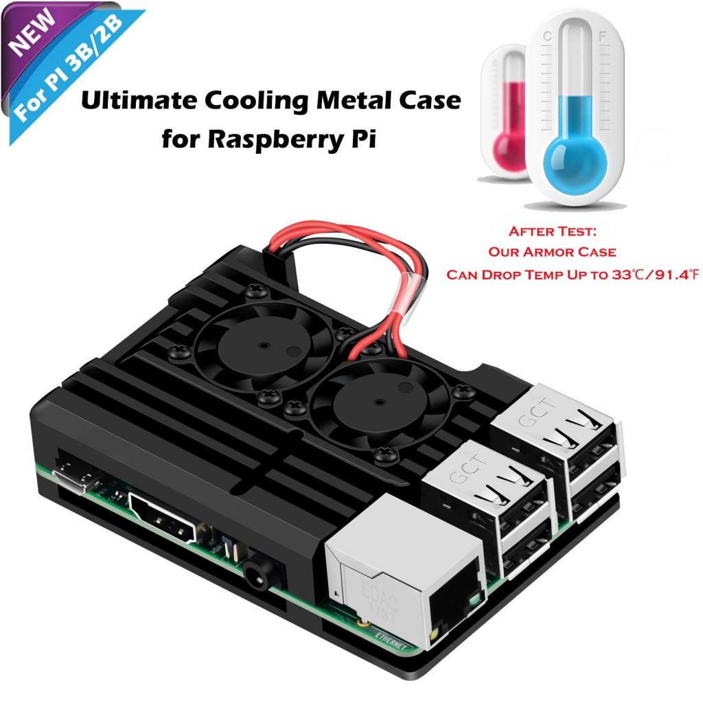 Dual Fan Cooler Fan Heatsink with Metal Case for Raspberry Pi 3B+/3B/2B+/2B