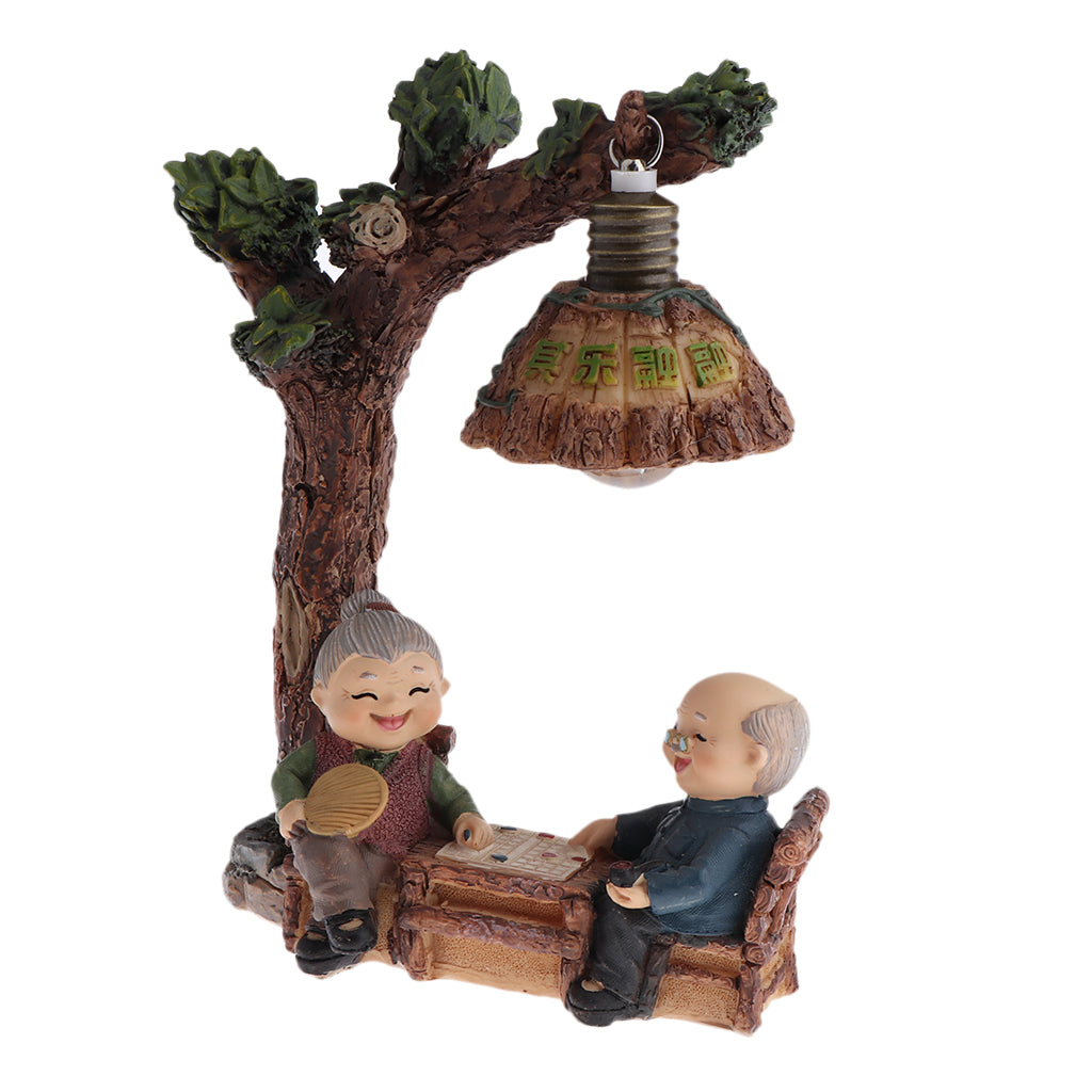 Happy Elderly Couple Figurine Resin Old Age Life Home Decor Playing Chess