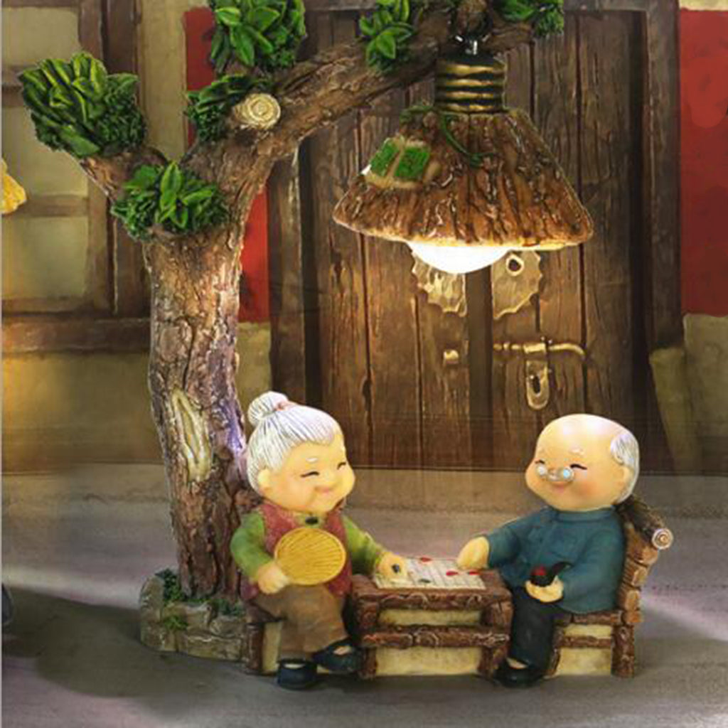 Happy Elderly Couple Figurine Resin Old Age Life Home Decor Playing Chess