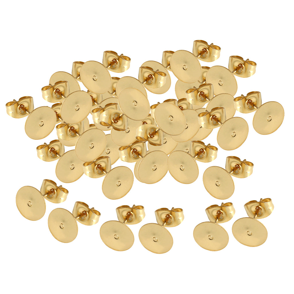 50Pcs Gold Plated Blank Flat Pad Ear Stud Earring Accessory & Backs 5mm