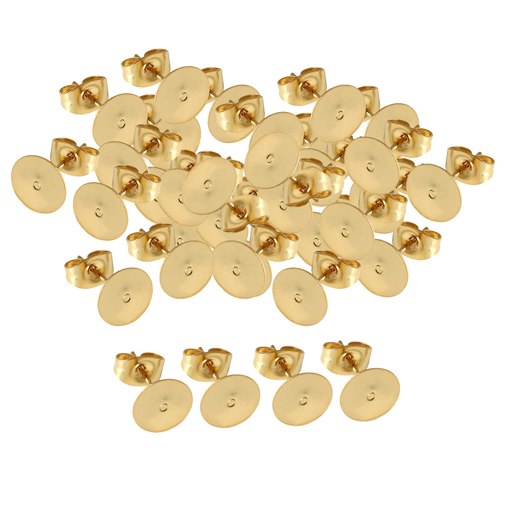 50Pcs Gold Plated Blank Flat Pad Ear Stud Earring Accessory & Backs 5mm