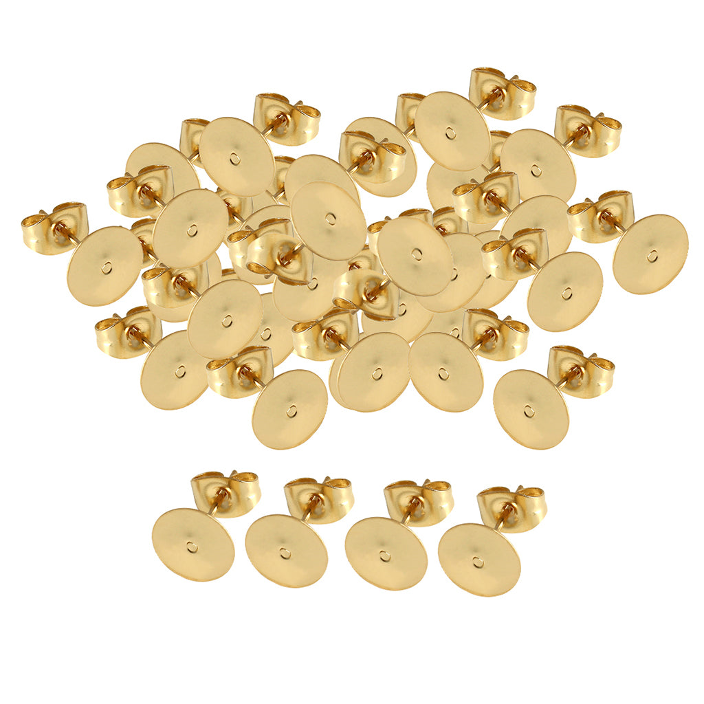 50Pcs Gold Plated Blank Flat Pad Ear Stud Earring Accessory & Backs 5mm