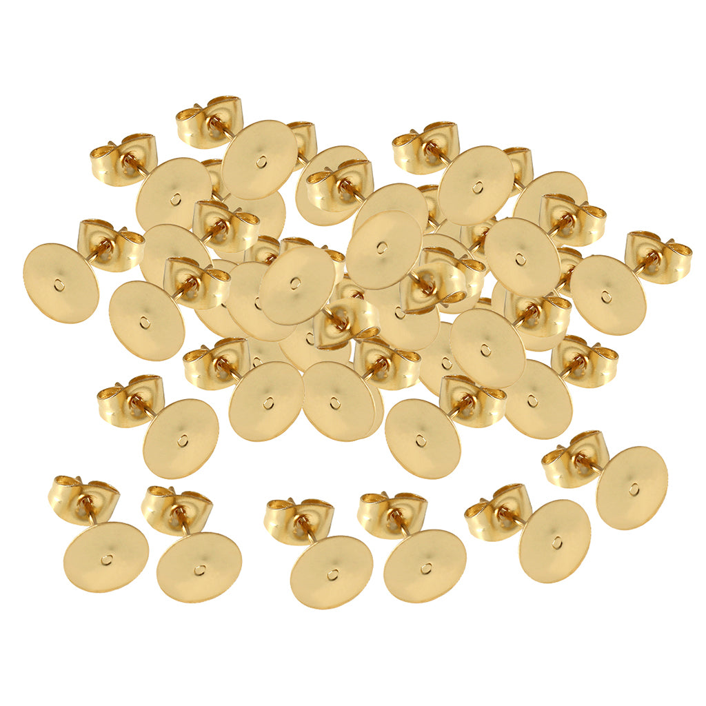 50Pcs Gold Plated Blank Flat Pad Ear Stud Earring Accessory & Backs 5mm