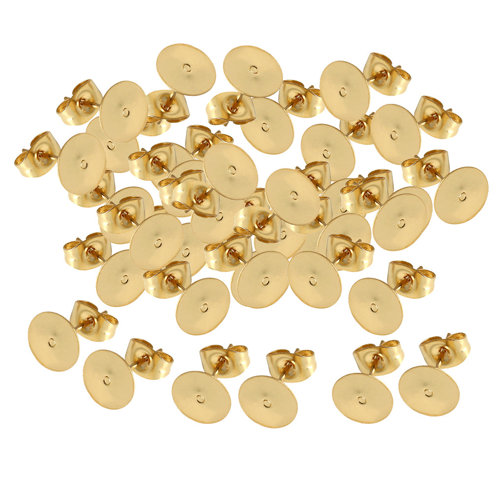 50Pcs Gold Plated Blank Flat Pad Ear Stud Earring Accessory & Backs 5mm