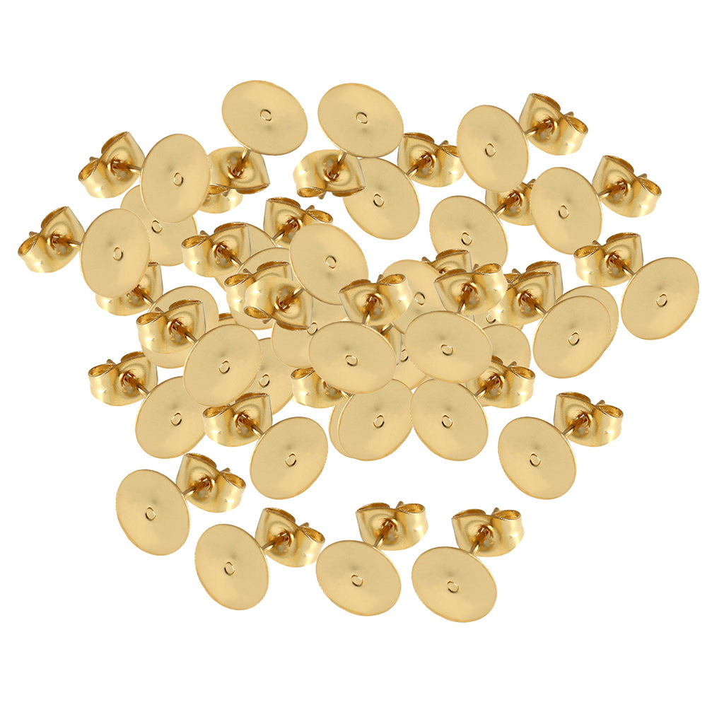 50Pcs Gold Plated Blank Flat Pad Ear Stud Earring Accessory & Backs 5mm