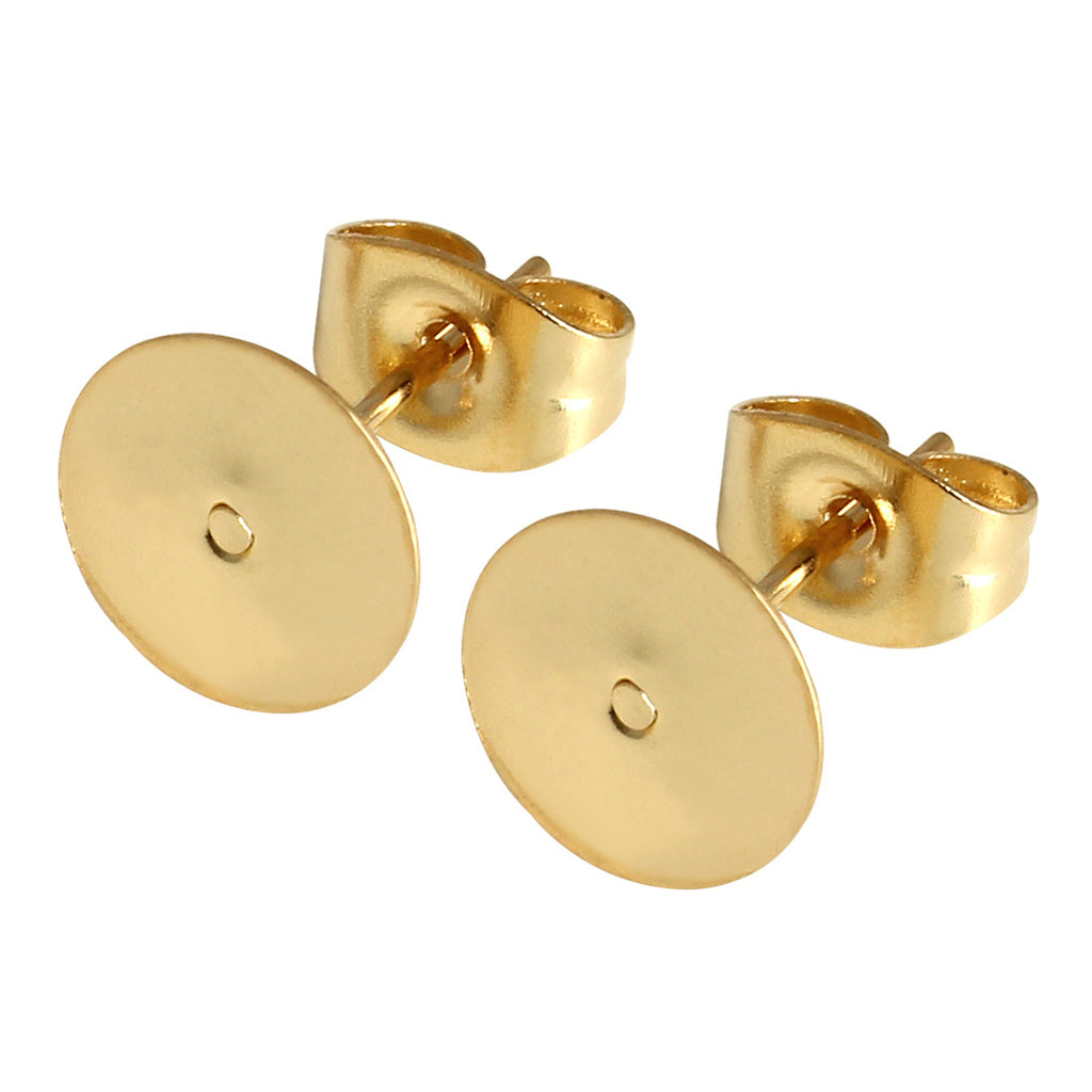 50Pcs Gold Plated Blank Flat Pad Ear Stud Earring Accessory & Backs 5mm