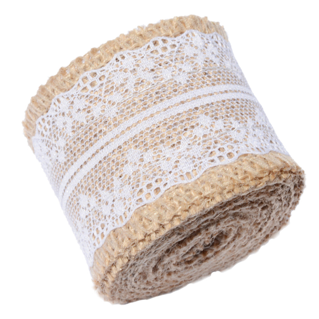 Natural Burlap Ribbon Roll White Lace Jute Trims Tape for Wedding Decoration