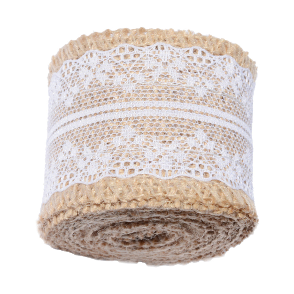 Natural Burlap Ribbon Roll White Lace Jute Trims Tape for Wedding Decoration