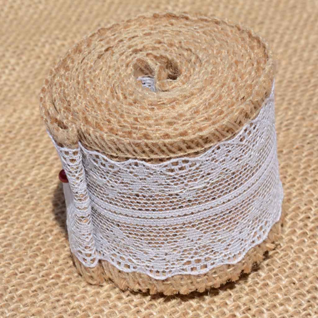 Natural Burlap Ribbon Roll White Lace Jute Trims Tape for Wedding Decoration