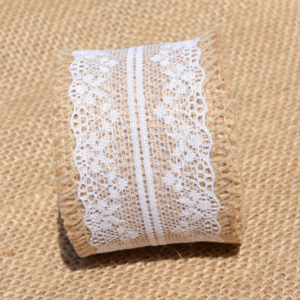 Natural Burlap Ribbon Roll White Lace Jute Trims Tape for Wedding Decoration