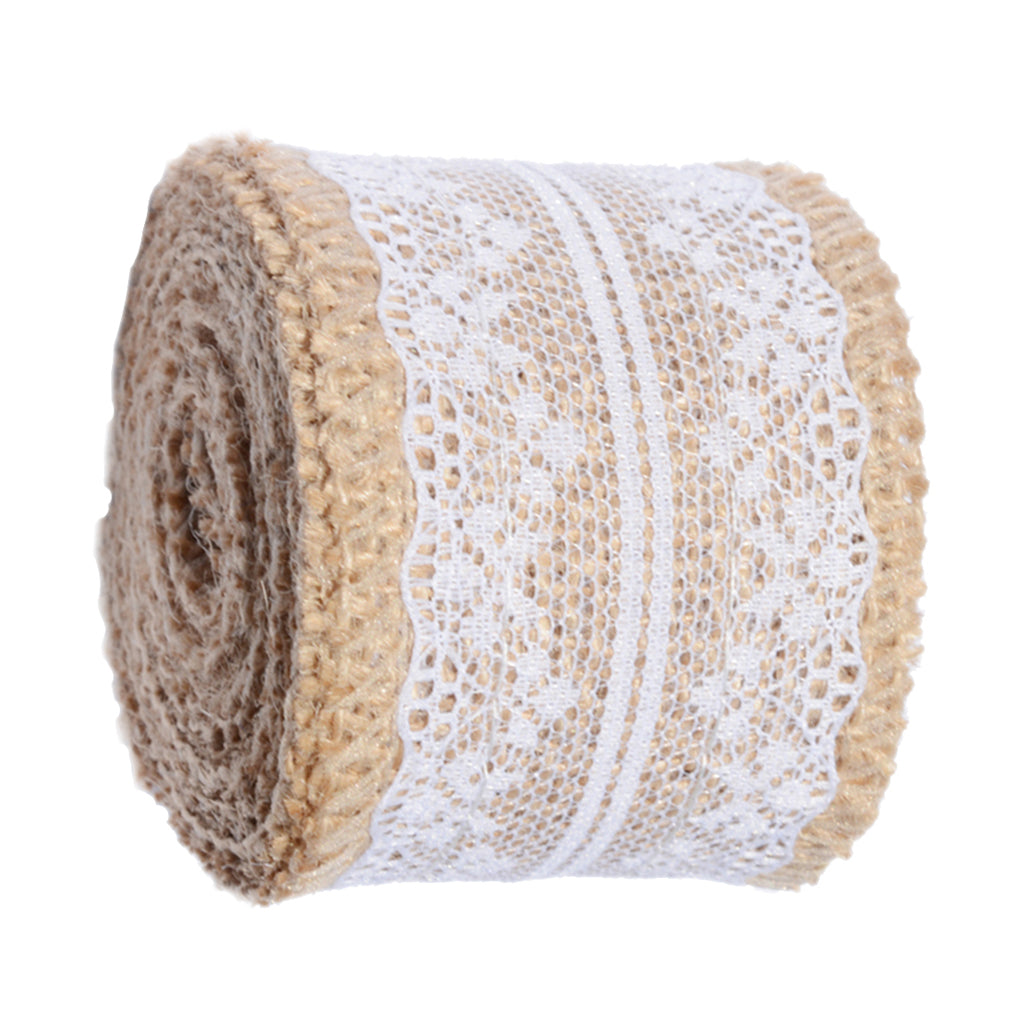 Natural Burlap Ribbon Roll White Lace Jute Trims Tape for Wedding Decoration